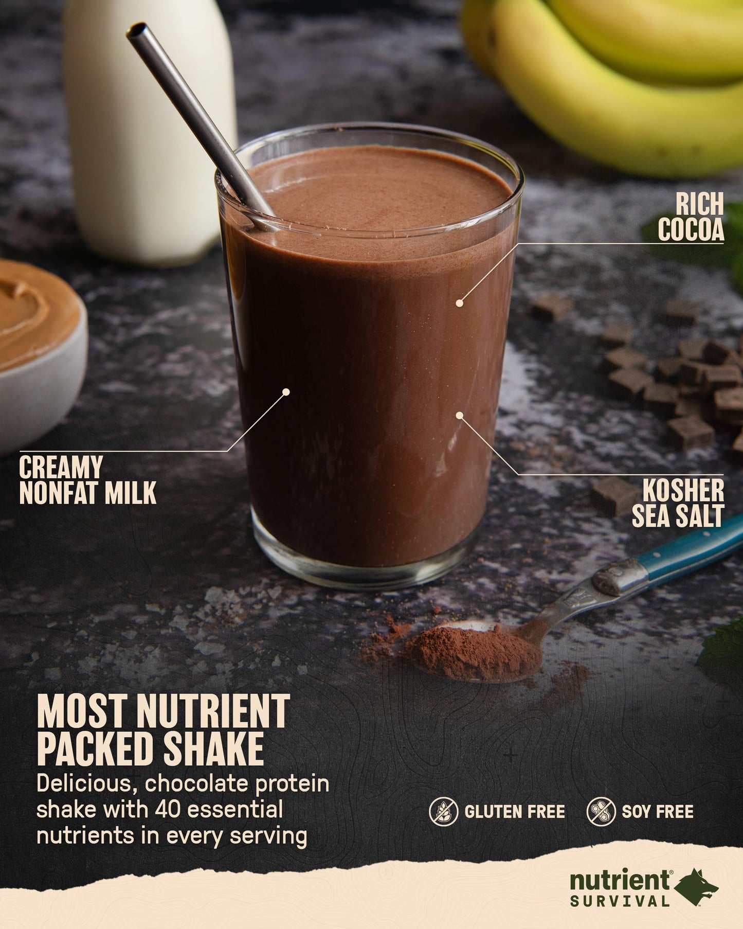 Nutrient Survival Protein Shake, Whey Protein Powder, Gluten Free, 2.07 lb, Creamy Chocolate, Shelf Stable up to 15 Years