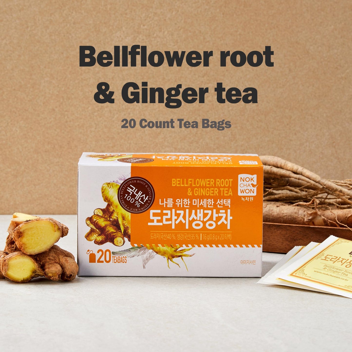 Nokchawon Bellflower Root Ginger Tea, Caffeine Free Herbal Tea, 20 Count Tea Bags, 0.56oz (16g)
