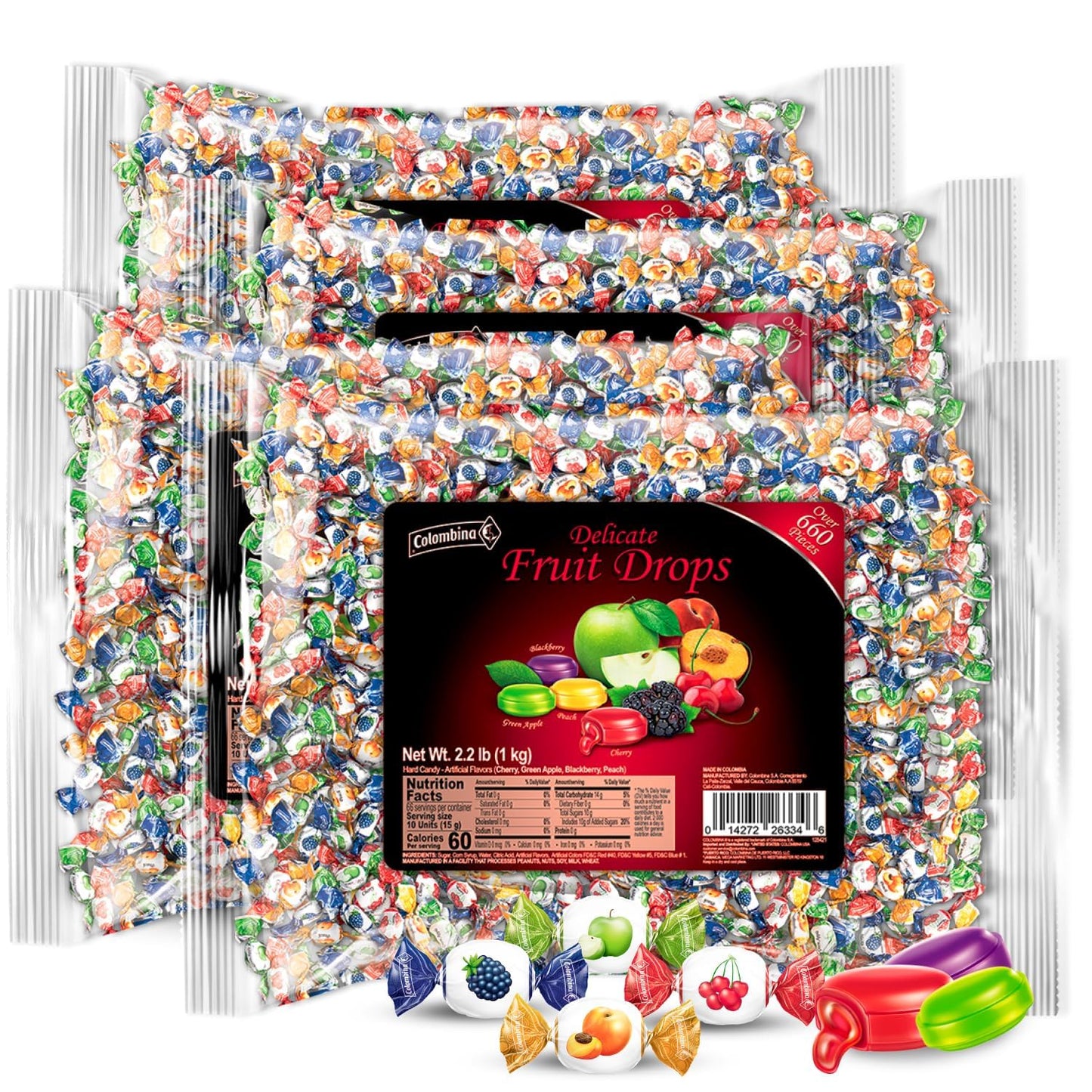 Colombina Delicate Fruit Drops, 4 Assorted Fruit Candy Flavors, Individually Wrapped, Ideal For Easter, Halloween, And Christmas, 2.2Lbs (Pack Of 4)