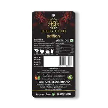 Holly Gold Pure Organic Kashmiri Saffron/Keshar/Zafran/Jafran/Whole Threads | Originally Premium Grade A+++ Pampore Kesar Thread