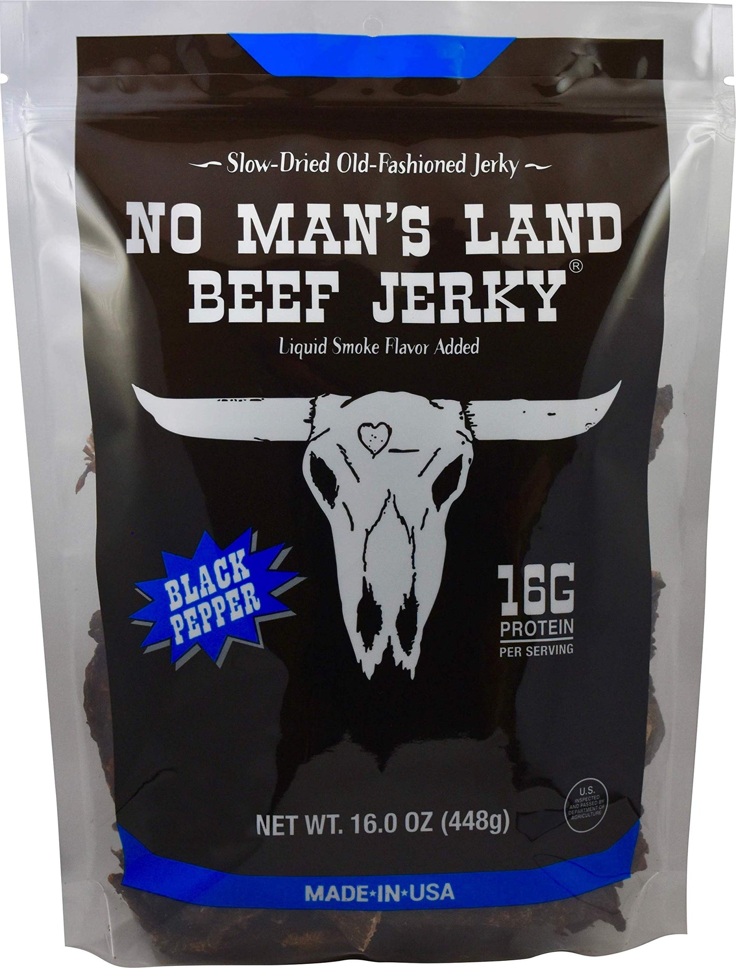 No Mans Land Black Pepper Beef Jerky High Protein Low Calorie Low Carb Beef Snack 16Oz Bag