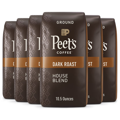 Peet s Coffee, Dark Roast Ground Coffee - House Blend 63 Ounces (Six Bags of 10.5 Ounce)