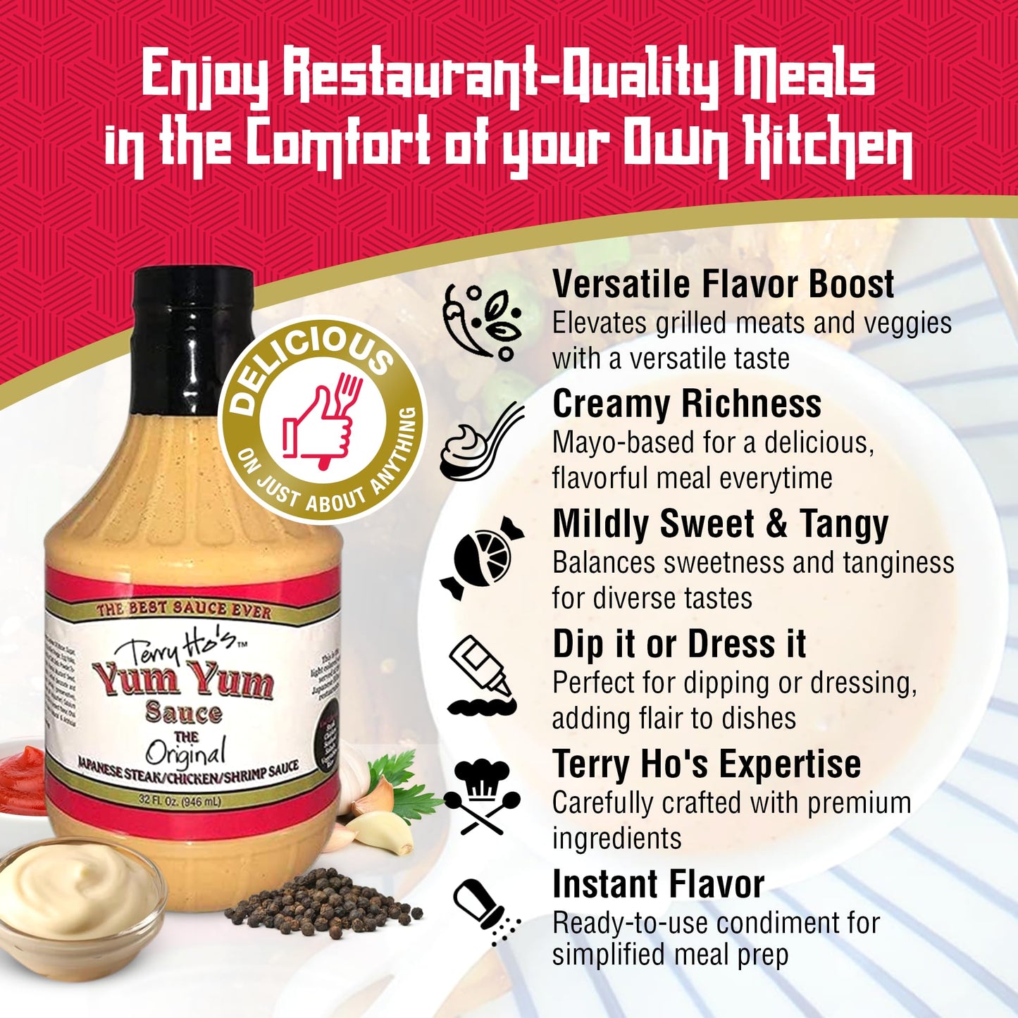 Terry Hos Yum Yum Sauce Original - Sweet And Tangy Mayonnaise-Based Sauce For Dipping, Marinade, And Dressing - Cocktail Sauce For Shrimp, Japanese Steak, Chicken, Pork, And Vegetable Salad - 32Oz (Pack Of 1)