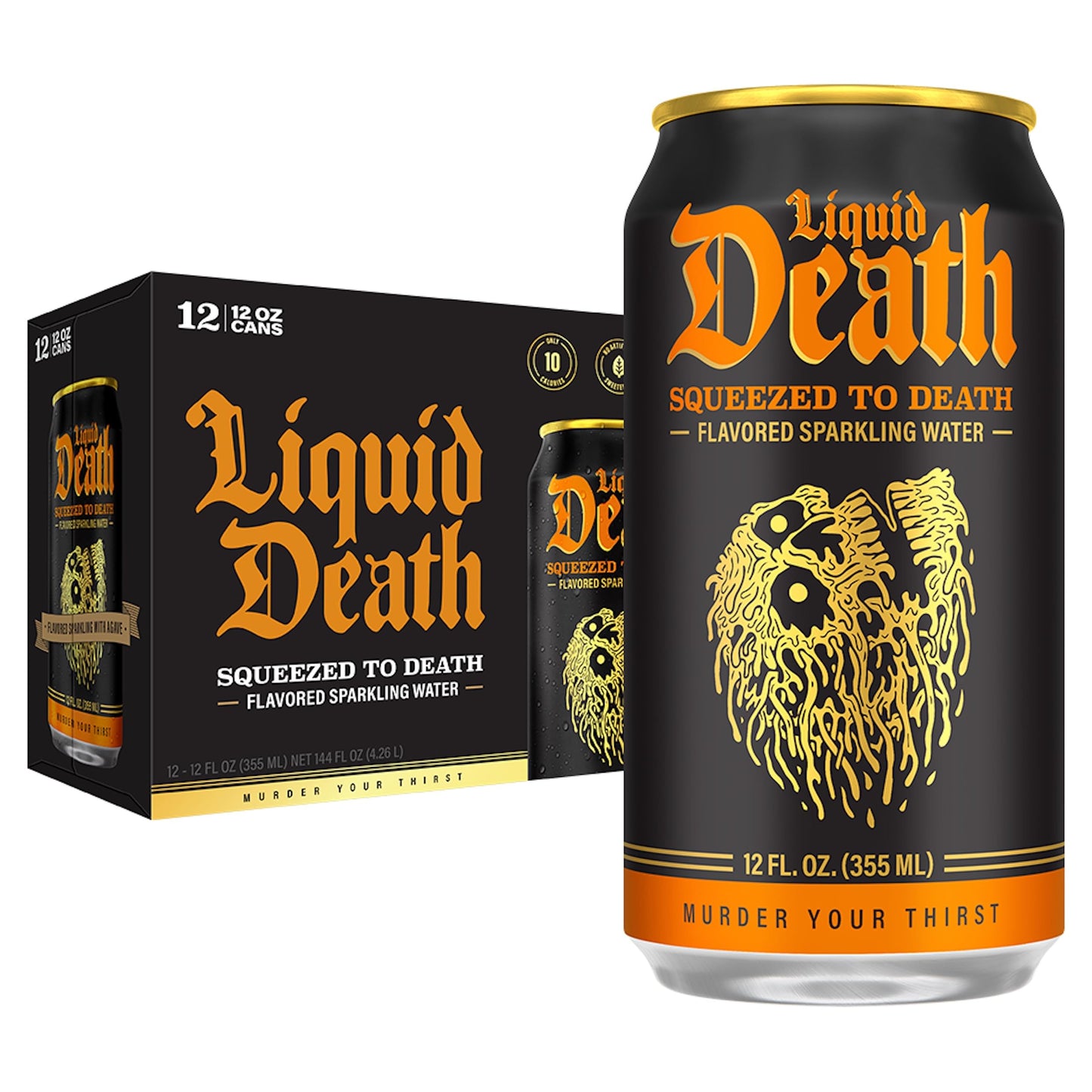 Liquid Death Orange-Flavored Sparkling Water, 12oz Cans, Low Sugar, 12-Pack