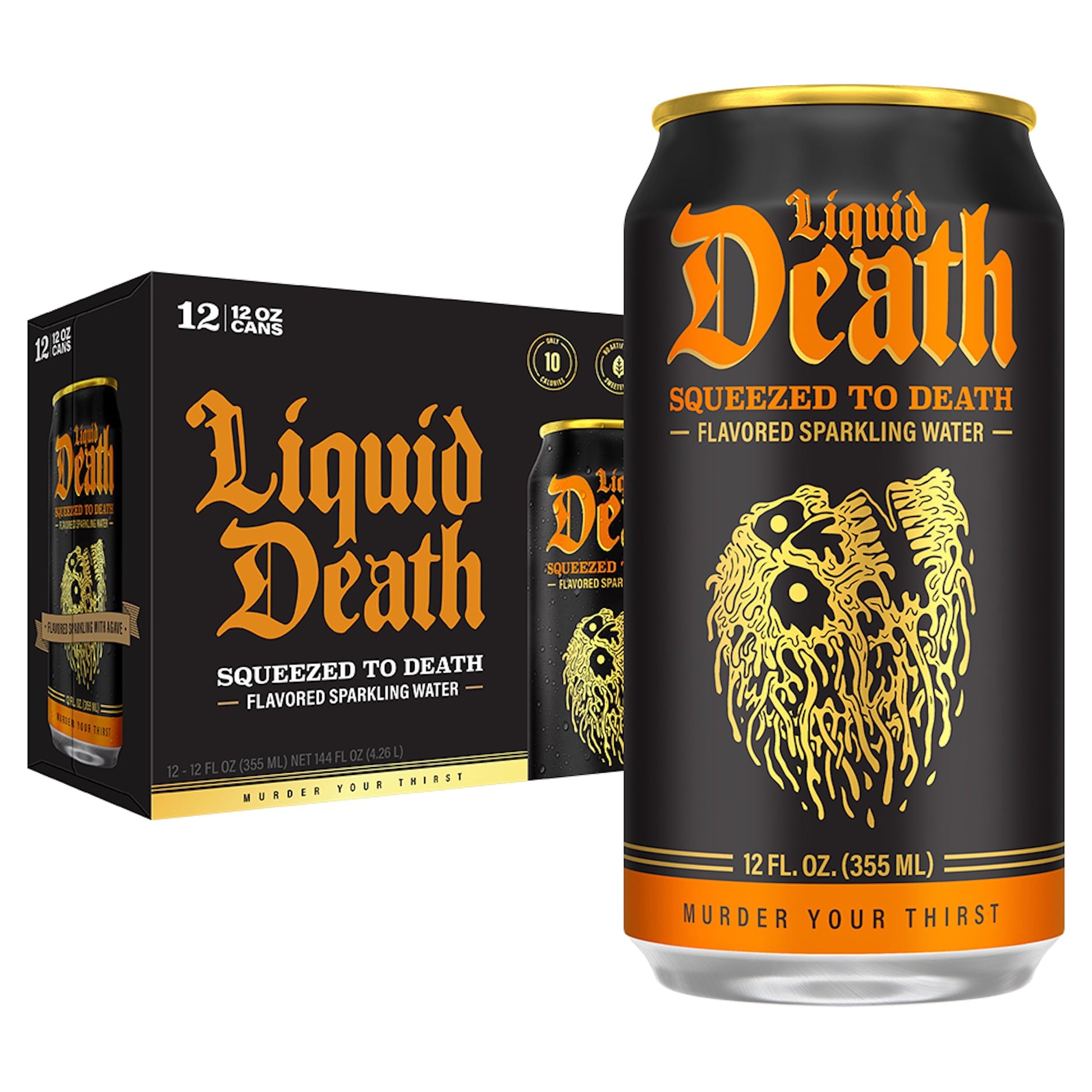 Liquid Death Orange-Flavored Sparkling Water, 12oz Cans, Low Sugar, 12-Pack