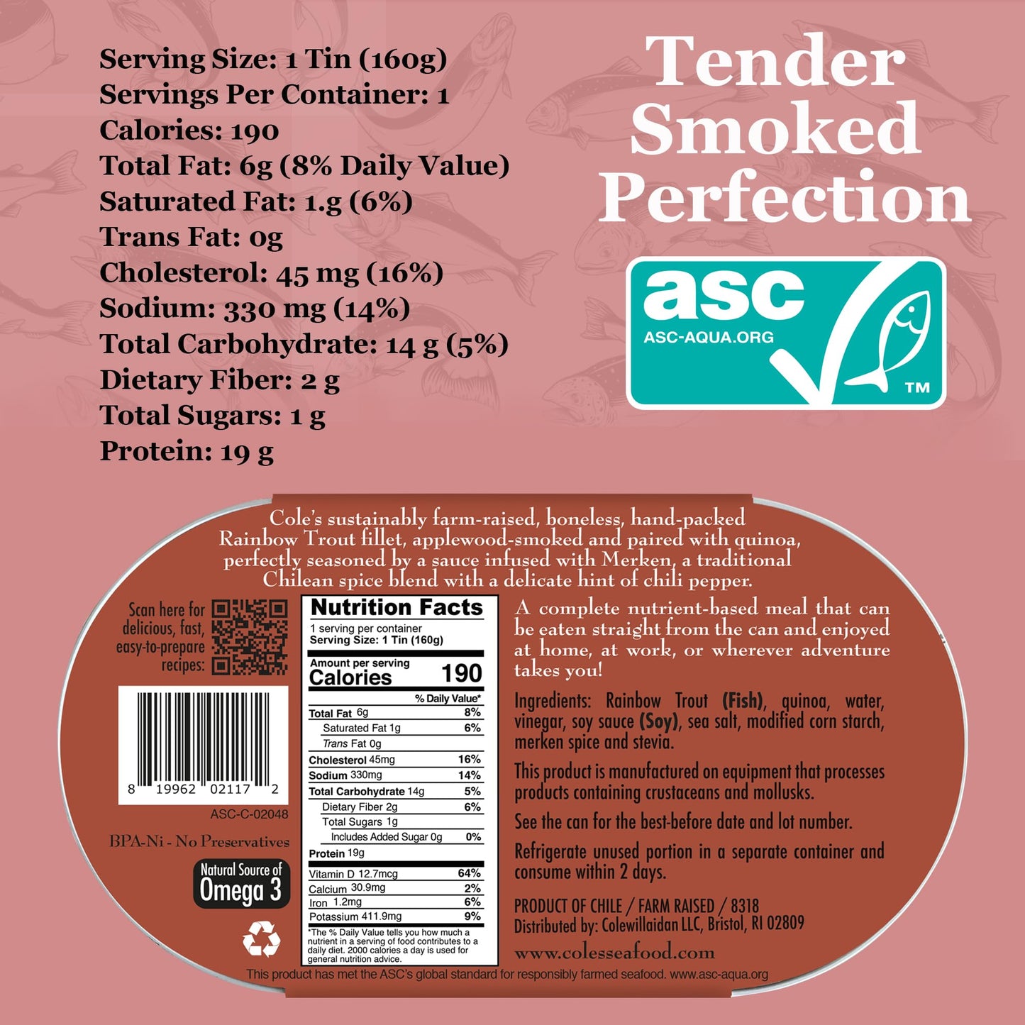 Coles Smoked Rainbow Trout Fillet with Quinoa - 5.6 oz Canned Meal, 6 Pack, 19g Protein, High in Vitamin D