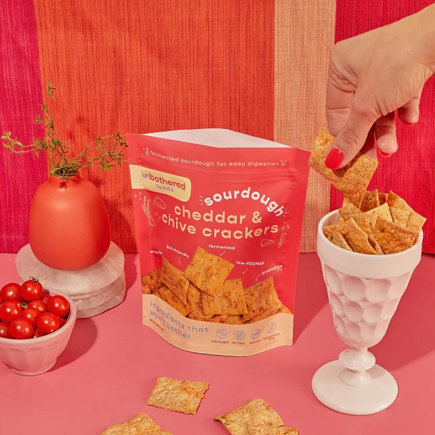 Unbothered Foods Cheddar & Chive Sourdough Crackers - Gut-Friendly & Easy to Digest, Non-GMO, No Added Sugar, Nut-Free, Perfect