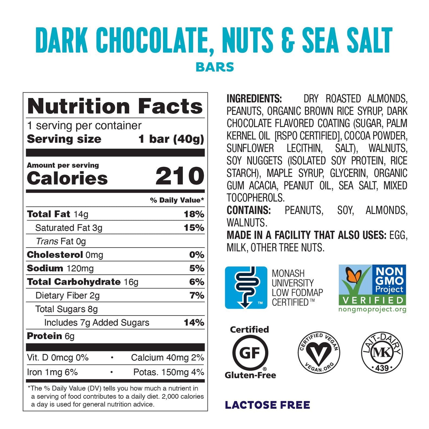 Fody Foods Vegan Protein Nut Bars, Dark Chocolate Nuts And Sea Salt Flavor, 6G Protein Per Bar, Low Fodmap Certified, Sensitive