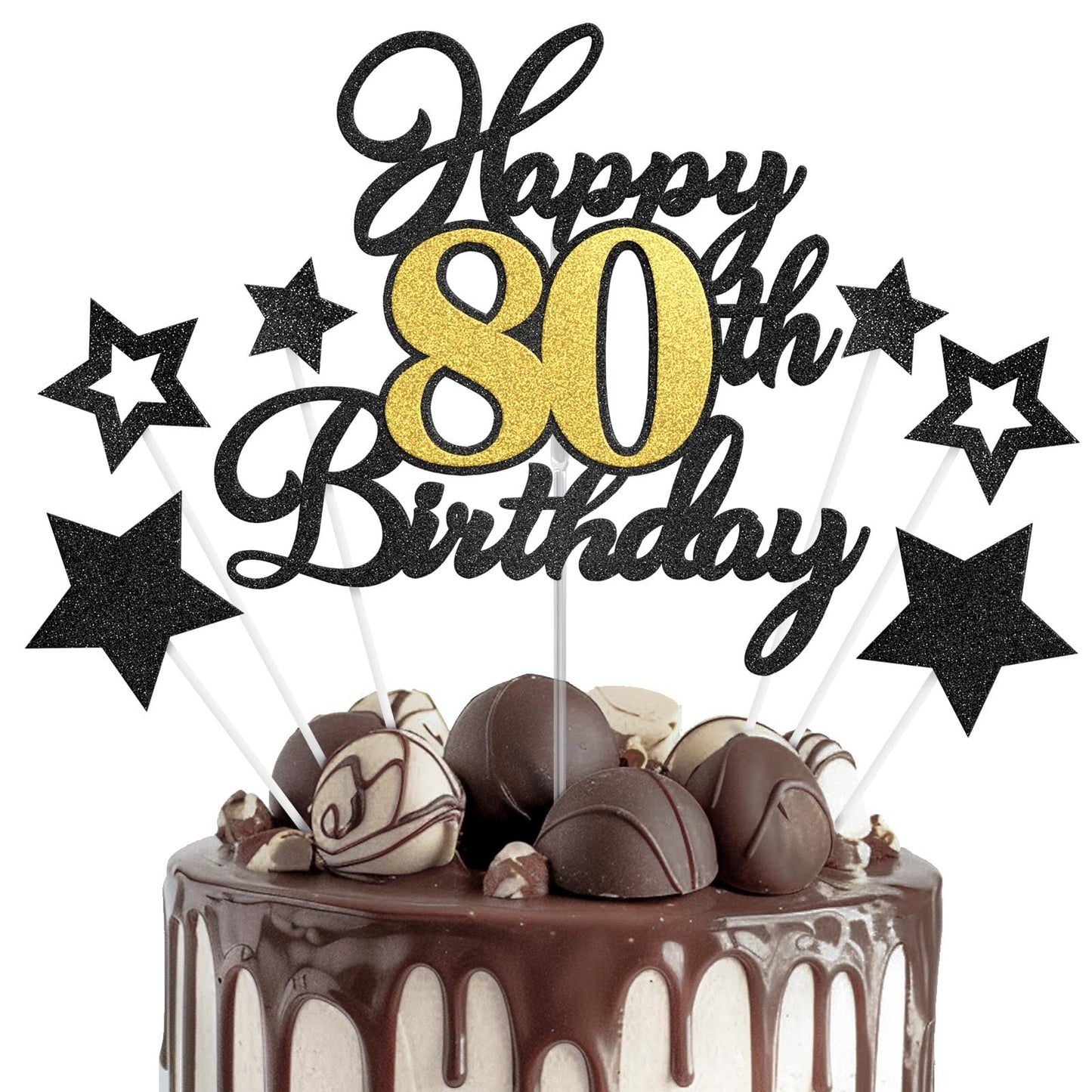 Happy 80th Birthday Cake Toppers, Black Gold Glitter Cake Decorations Set, 80th Birthday Decor for Men Women, Birthday Anniversa