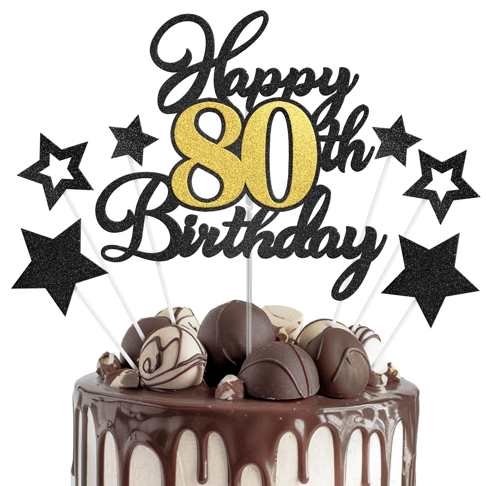 Happy 80th Birthday Cake Toppers, Black Gold Glitter Cake Decorations Set, 80th Birthday Decor for Men Women, Birthday Anniversa