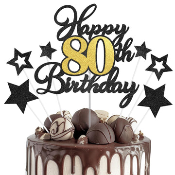Happy 80th Birthday Cake Toppers, Black Gold Glitter Cake Decorations Set, 80th Birthday Decor for Men Women, Birthday Anniversa
