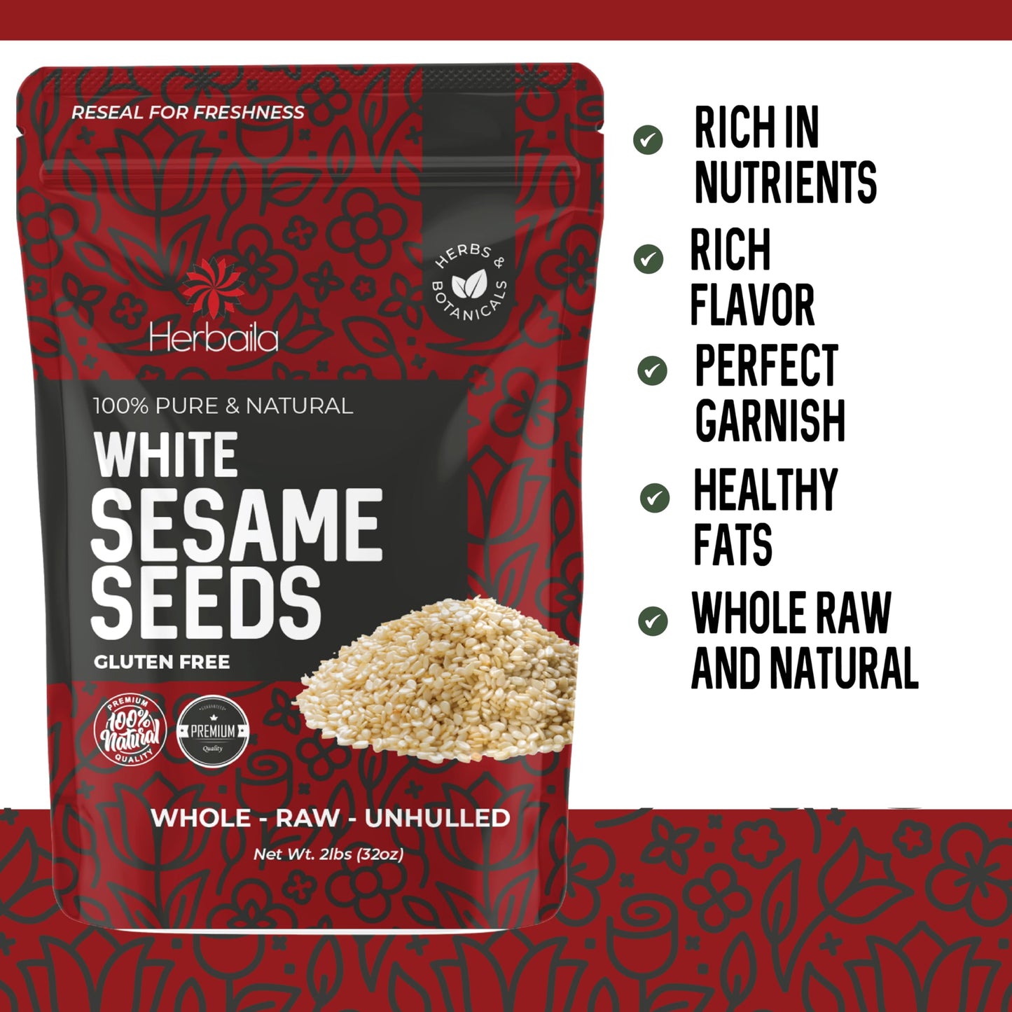 Sesame Seeds Bulk 2lbs - White Raw Sesame Seeds for Baking - Unhulled Sesame Seeds Bulk - Keto Friendly - Non GMO Seeds - Gluten