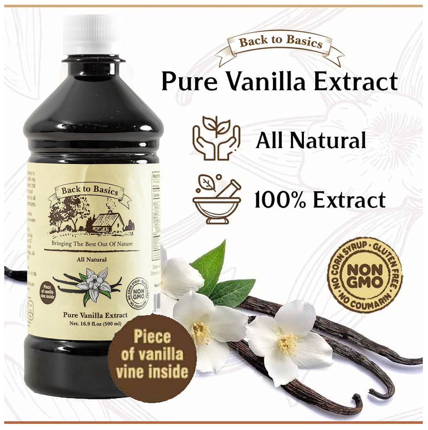 BACK TO BASICS Pure Vanilla Extract - 16 oz - All Natural Mexican Vanilla for Cooking and Baking