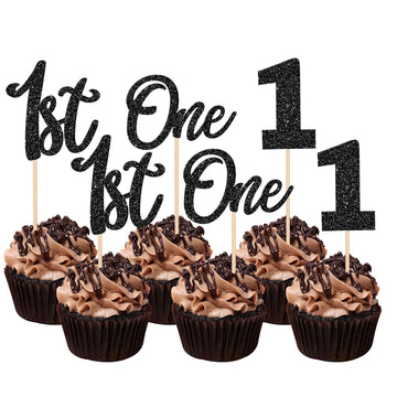 24 PCS One Cupcake Toppers Glitter 1st Birthday Cupcake Picks Number 1 Cupcake Decorations for Baby Shower Kids First Birthday A