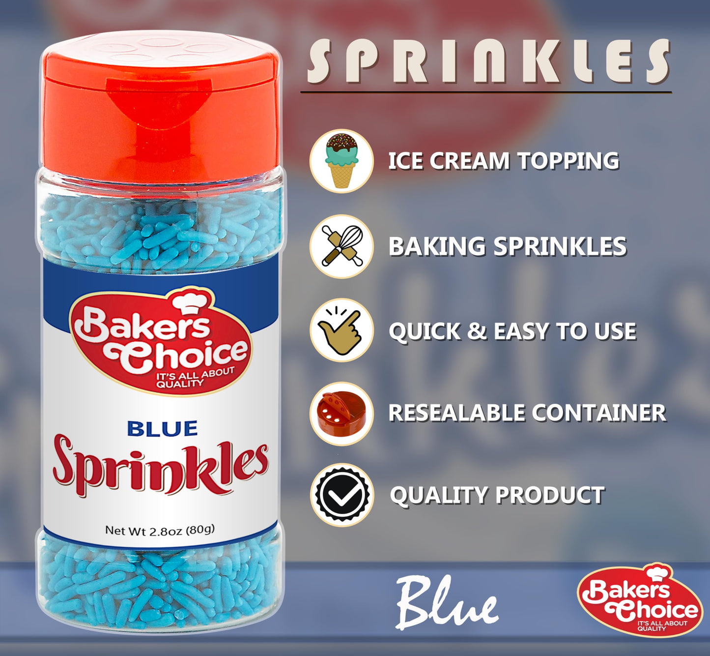 Bakers Choice Blue Sprinkles For Baking - Jimmies Sprinkles For Ice Cream Toppings - Dairy Free, Kosher 2.8 Oz.