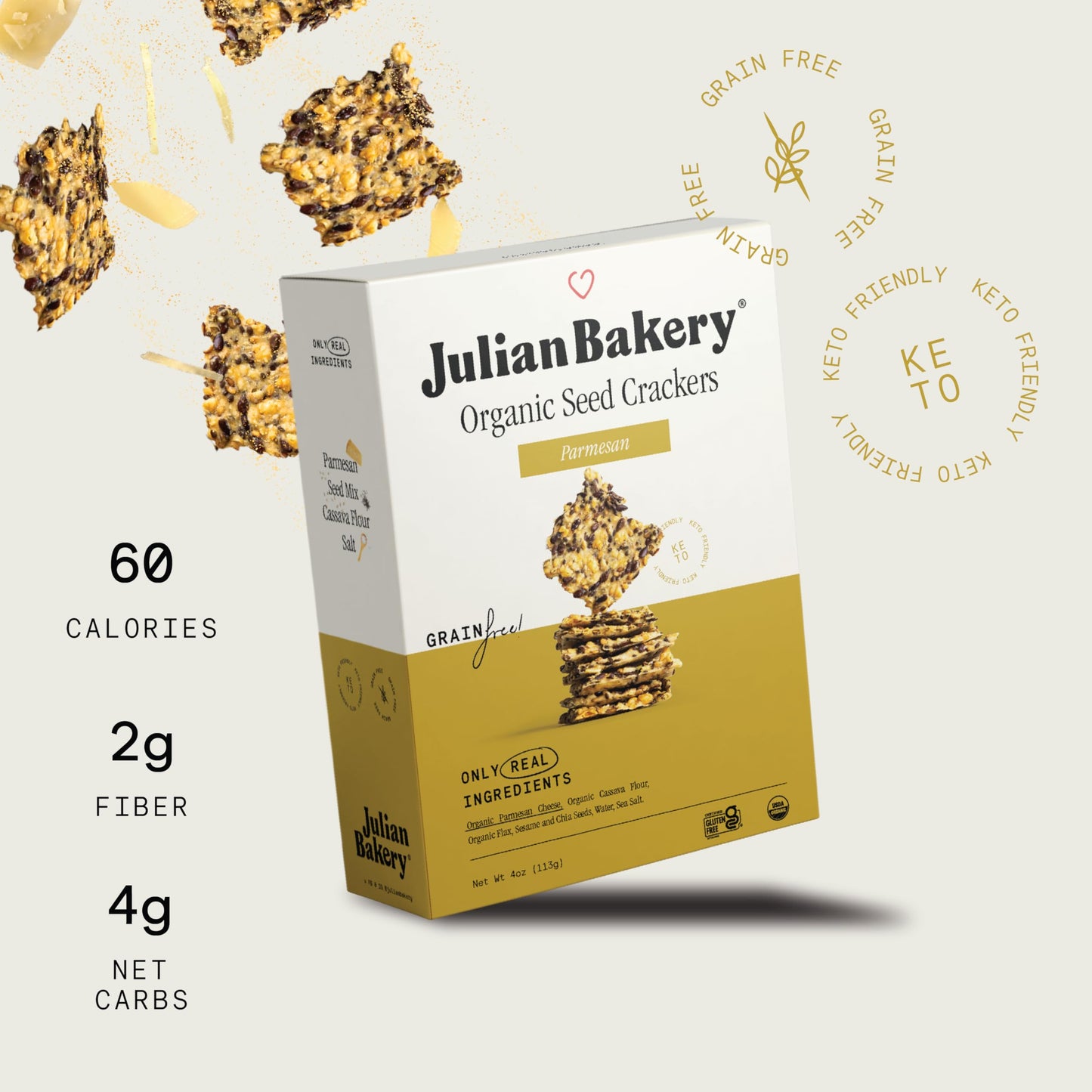 Julian Bakery Organic Seed Crackers - Parmesan 4oz | Gluten Free and Organic Certified | Grain Free | Low Carb (3PACK)