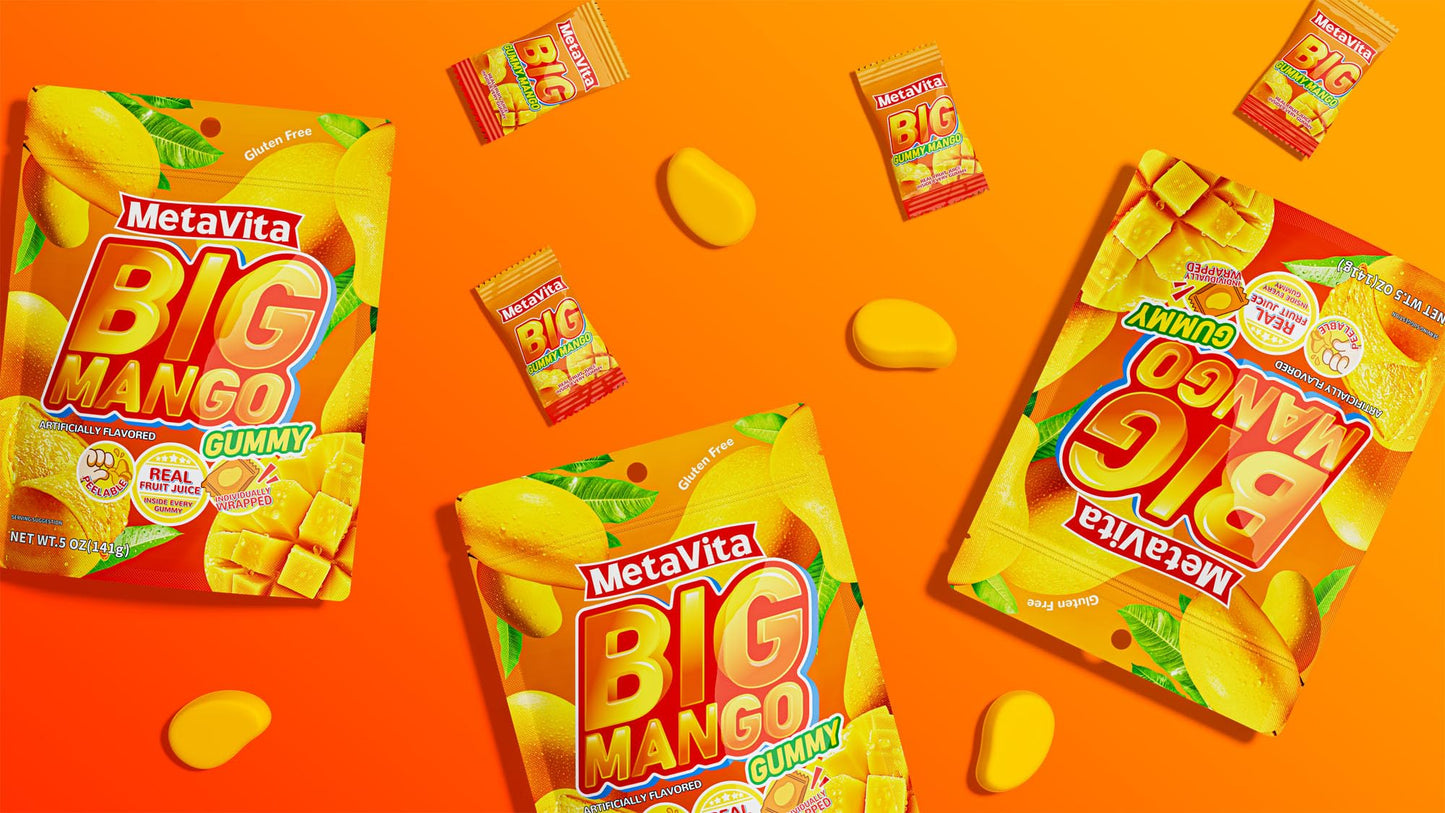 (3 Packs) MetaVita - Big Mango Gummy Candy - Individually Wrapped Peelable Mango Gummies with Real Puree - Chewy, Gluten-Free -