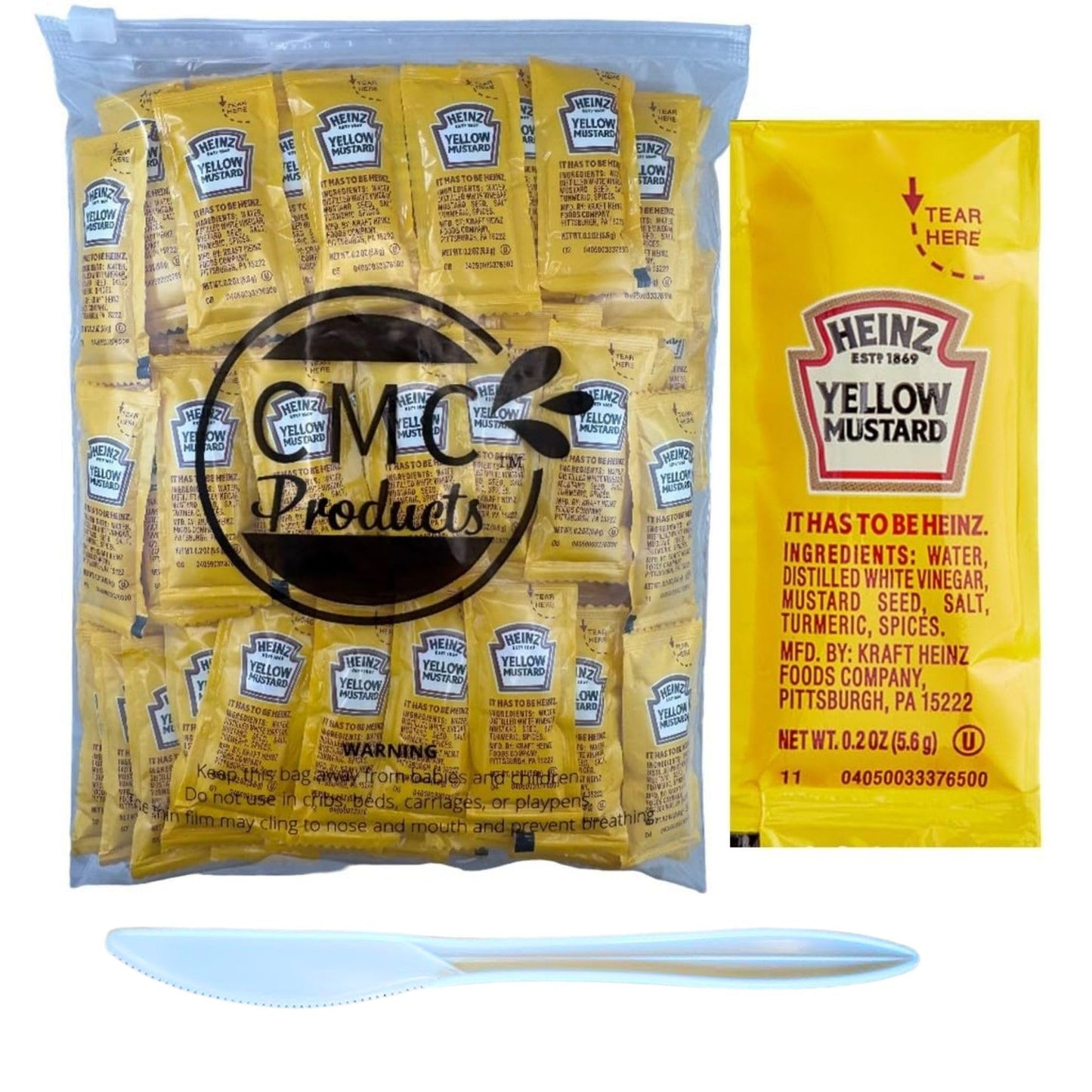 Gift Set - Yellow Mustard Packets 100 Count (5.6g Each) with Spreader in Resealable Slide Seal Bag by CMC Products (100 Packets,