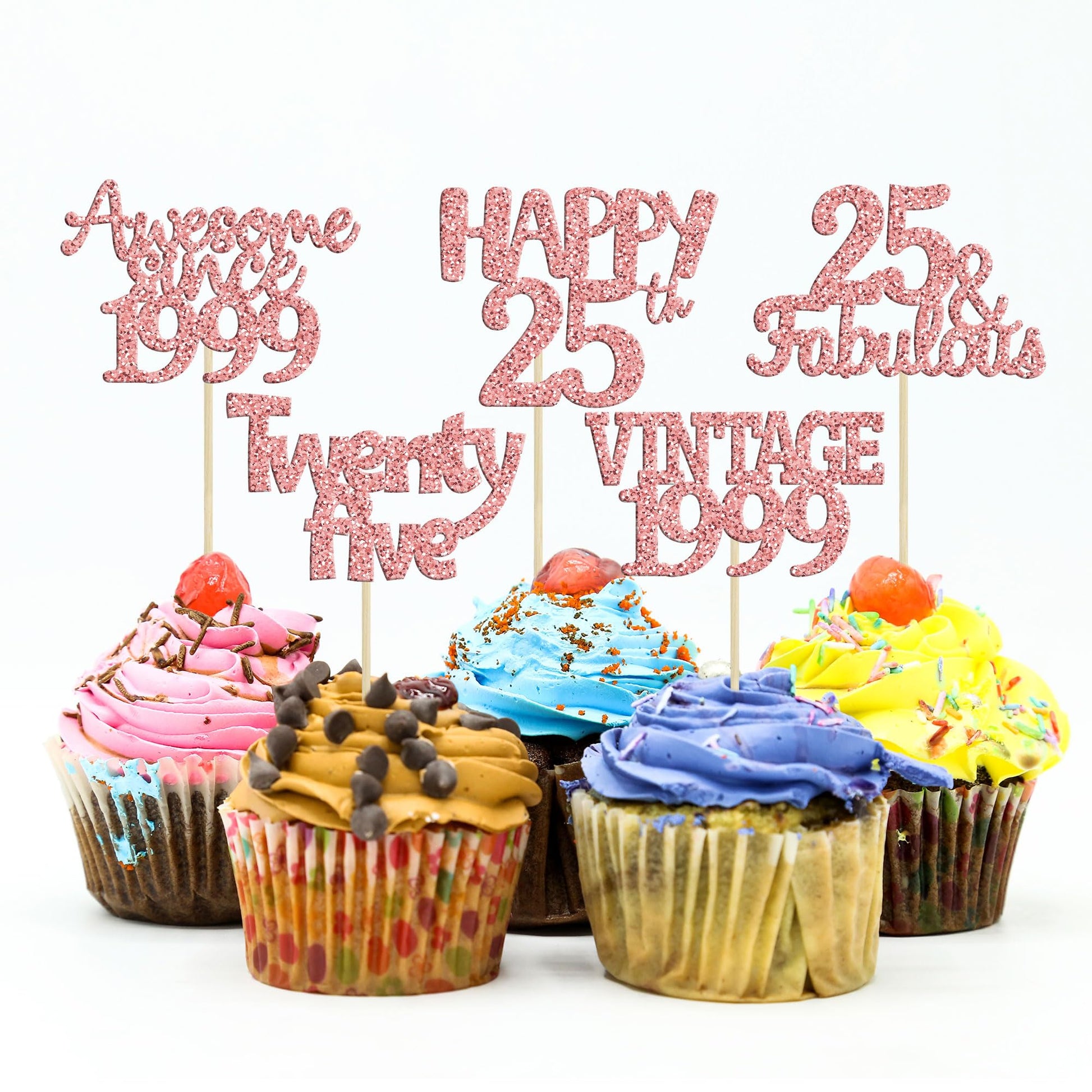 Gyufise 30Pcs Rose Gold Vintage 1999 Cupcake Toppers Glitter Happy 25Th Cheers To 25 Fabulous 25Th Birthday Cupcake Picks 25Th B