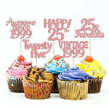 Gyufise 30Pcs Rose Gold Vintage 1999 Cupcake Toppers Glitter Happy 25Th Cheers To 25 Fabulous 25Th Birthday Cupcake Picks 25Th B