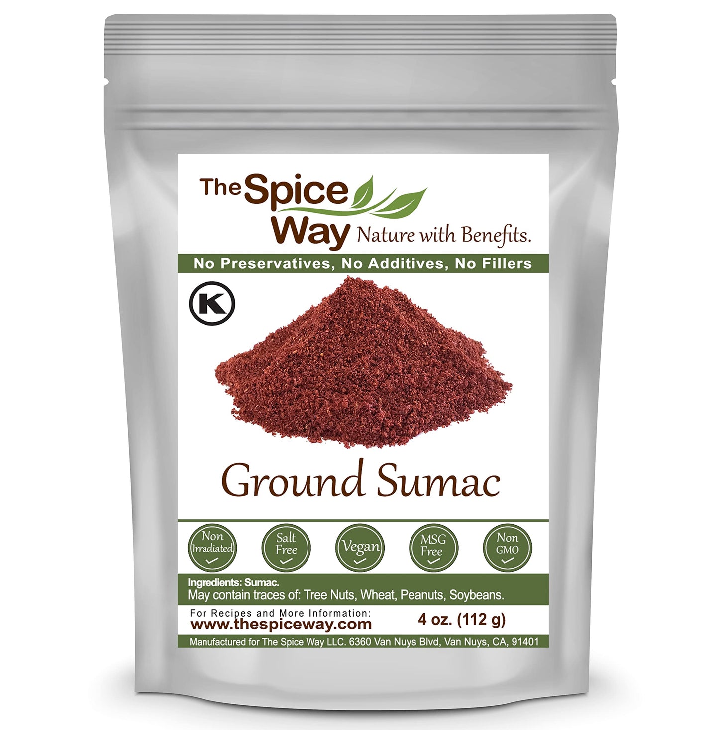 The Spice Way - Pure 100% Ground Sumac Spice, No Salt, No Gmo, No Irradiation, Sumac Seasoning Powder 4 Oz (Resealable Bag) (Sum