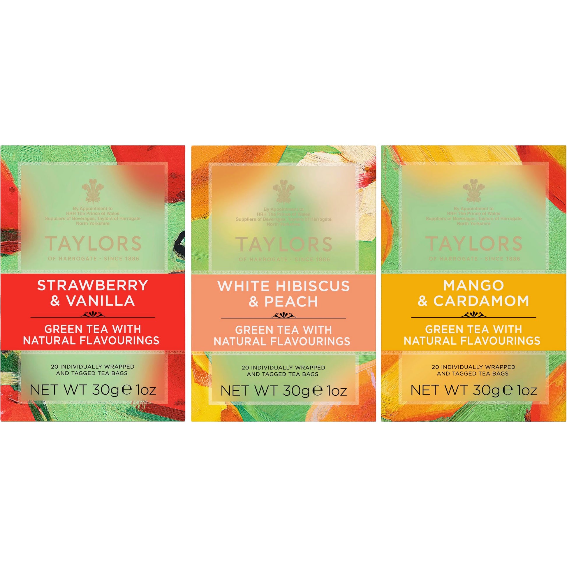 Taylors of Harrogate Green Tea Fruit Infusion Variety Pack - Strawberry Vanilla, Peach Hibiscus & Mango Cardamom - 60 Tea Bags (