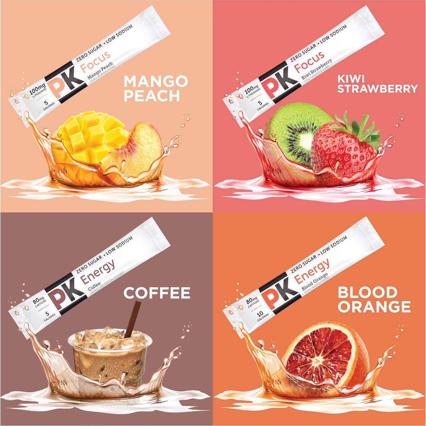 Pure Kick Energy And Focus Singles To Go Drink Mix Variety Pack,Blood Orange, Coffee, Strawberry Kiwi And Peach Mango, 40 Count