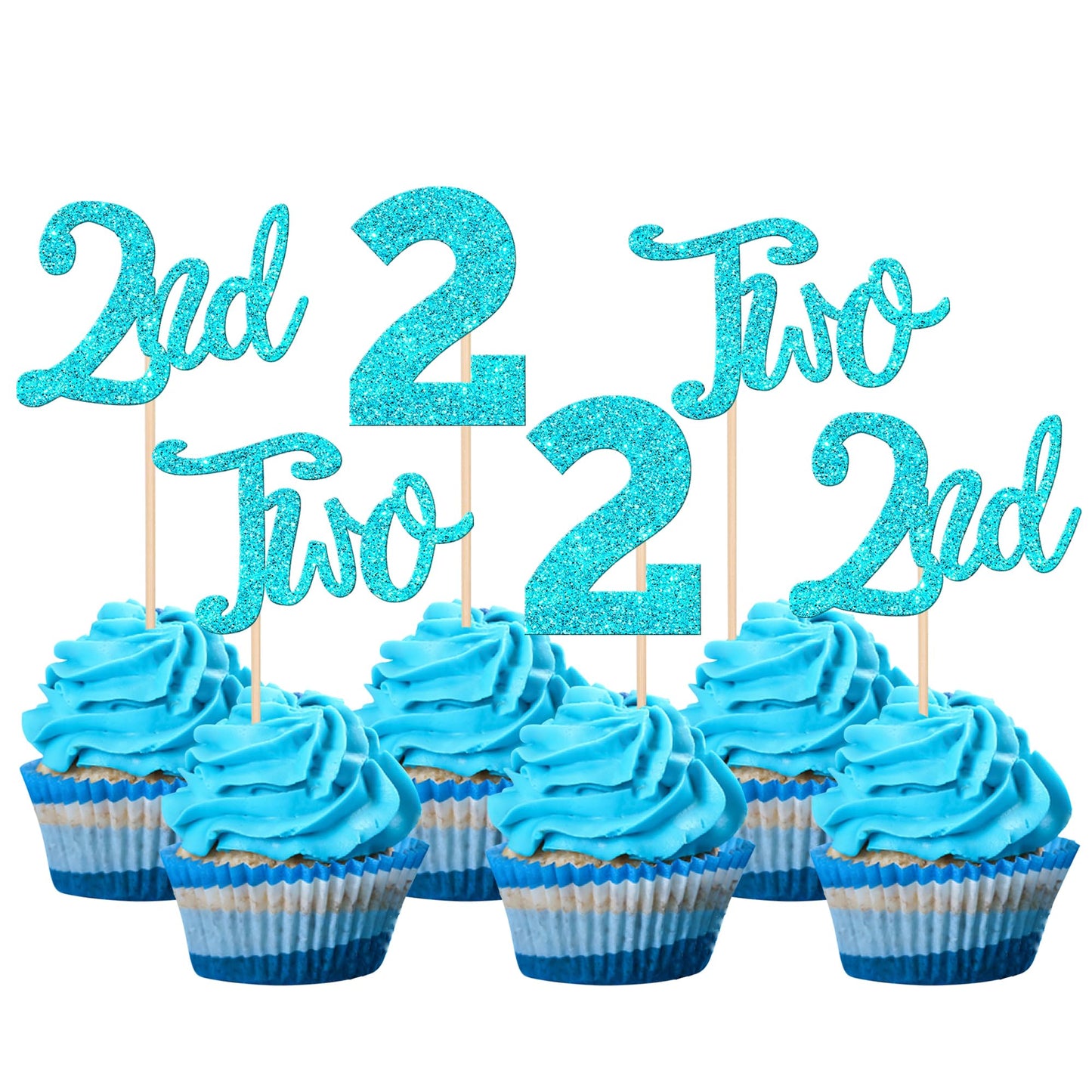 24 PCS Two Cupcake Toppers Glitter 2nd Birthday Cupcake Picks Number 2 Cupcake Decorations for Baby Shower Kids Second Birthday 