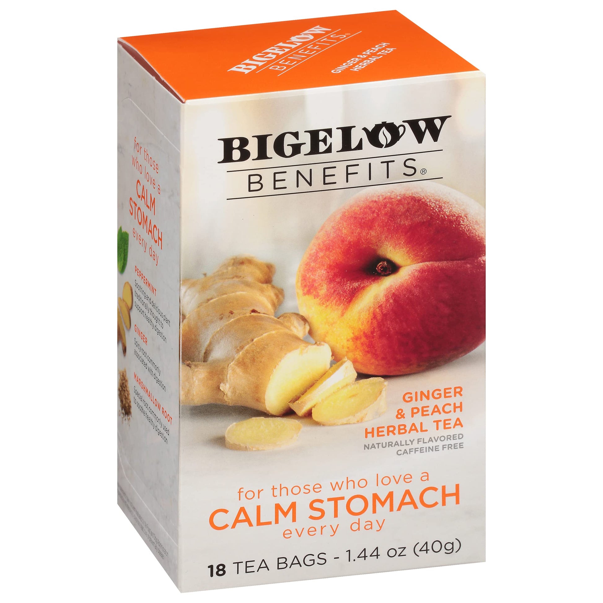 Bigelow Tea Calm Stomach Ginger Peach Herbal Tea Bags, Caffeine-Free, 18 Count, Pack of 6