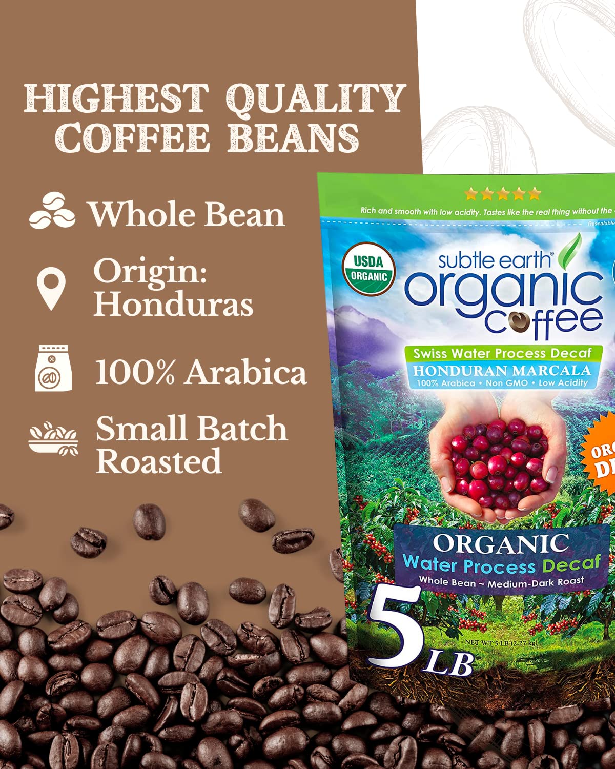 5LB Subtle Earth Organic Decaf - Swiss Water Process Decaf - Medium Dark Roast - Whole Bean Coffee - Low Acidity - Organic Certi