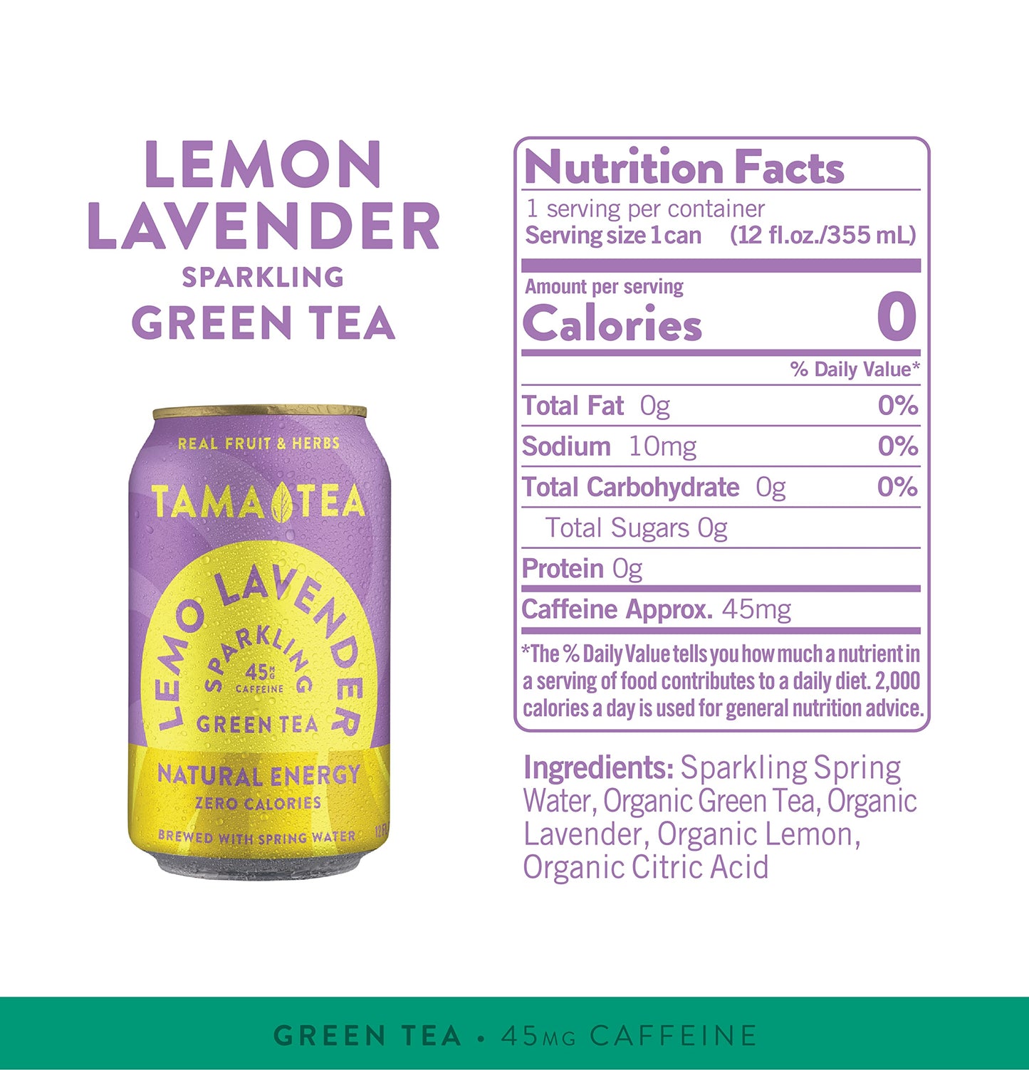 Tama Tea Sugar-Free Sparkling Green Tea, Lemo Lavender – Organic & Naturally Energizing – Zero Calories, Zero Carbs, Non-Gmo – Antioxidant-Rich With 45Mg Natural Caffeine – 12 Oz Cans (12-Pack)