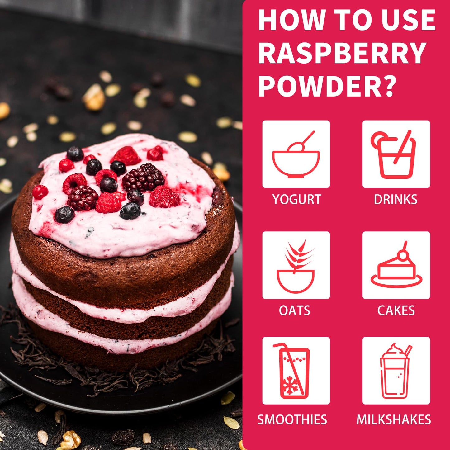 Raspberry Powder, Freeze Dried Raspberry Powder, Natural, No Sugar & Additives, 160G/5.64Oz, Freeze Dried Fruit Powder For Bakin