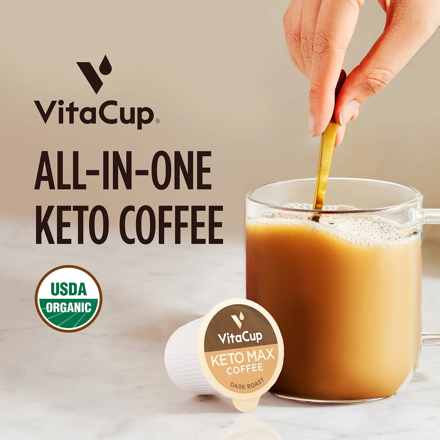 Vitacup Keto Max Dark Roast Coffee Pods, Ketosis & Energy, Butter, Mct Oil, Turmeric, B Vitamins, D3, All-In-One Keto Recyclable Single Serve Pod Compatible W/Keurig K-Cup Malt-Inspired,72 Ct