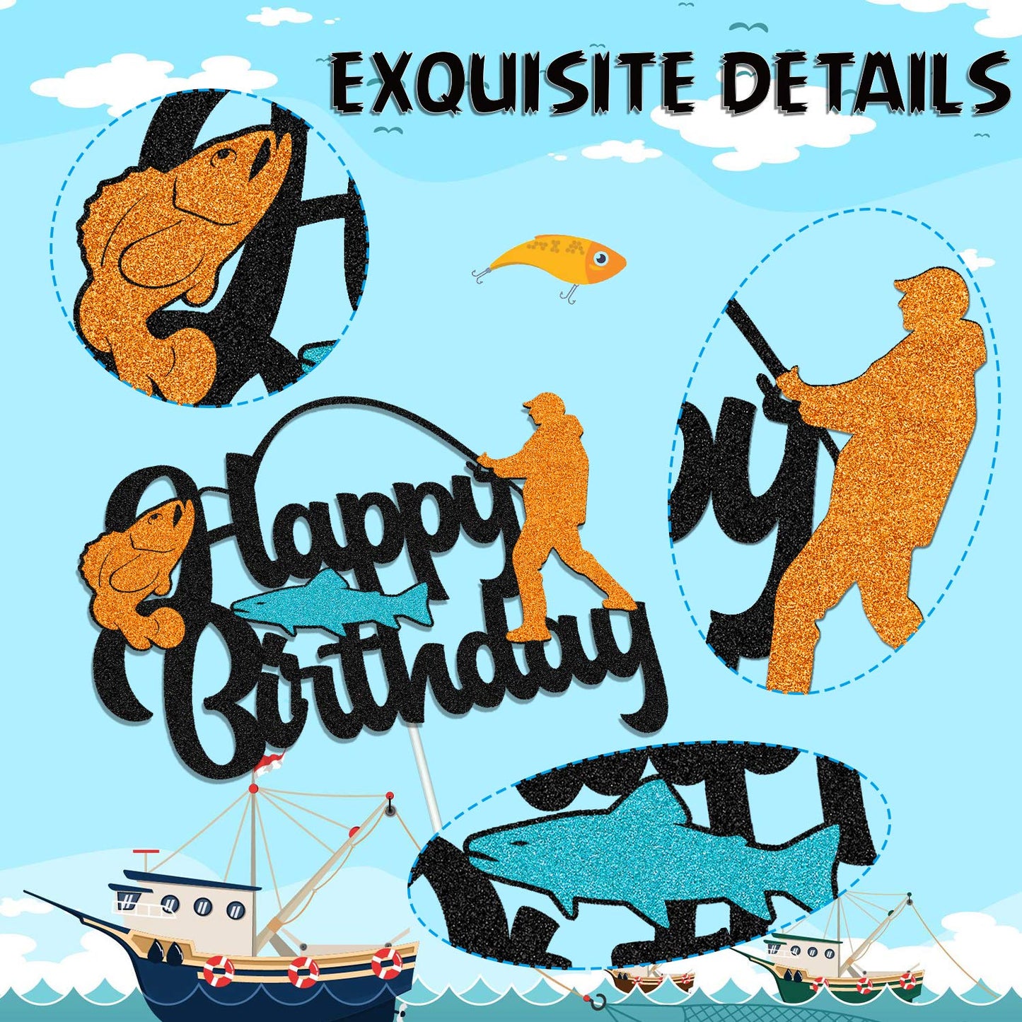 YOYMARR Fish Cake Topper Happy Birthday Sign, Black Glitter Decor, 7.3 x 5.9 for Fisherman Themed Party