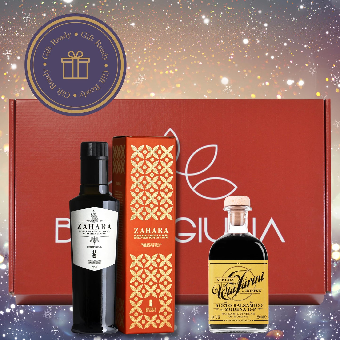 Brava Giulia Gift Box – Sicilian Cold Pressed Extra Virgin Olive Oil And Aged Balsamic Vinegar Of Modena – Imported From Italy – 2 Bottle Set (8.45 Fl Oz Each)