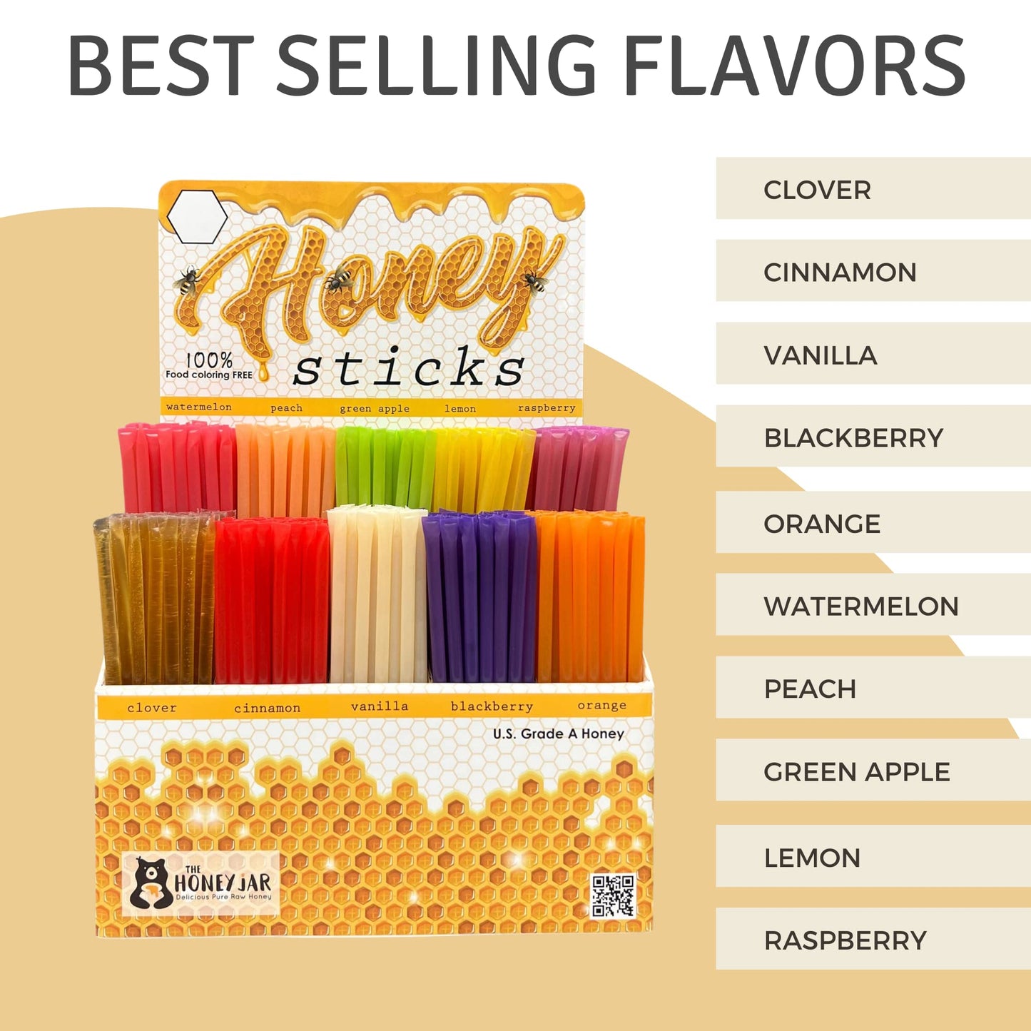 The Honey Jar - Traditional Honey Stick Retail Display With 500 Assorted Honey Sticks Perfect For Gift Shop, Grocery Store, Bout