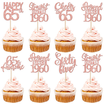 24PCS Rose Gold Happy 65th Birthday Cupcake Toppers Sixty Five Straight Outta 1960 Cupcake Picks Cheers to 65 Lengend Since 1960