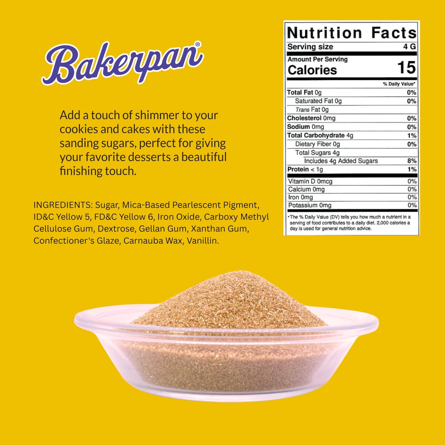 Bakerpan Gold Sanding Sugar For Baking & Cookie Decorating - 5 Ounce Edible Gold Sugar Sprinkles For Cookies, Cakes, Cocktails (