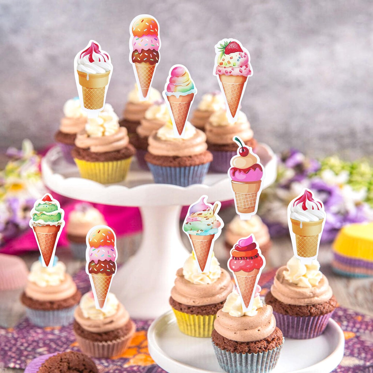 Ercadio 32 Pack Double Sided Ice Cream Cupcake Toppers Glitter Cupcake Picks For Baby Shower Birthday Summer Hawaii Theme Party