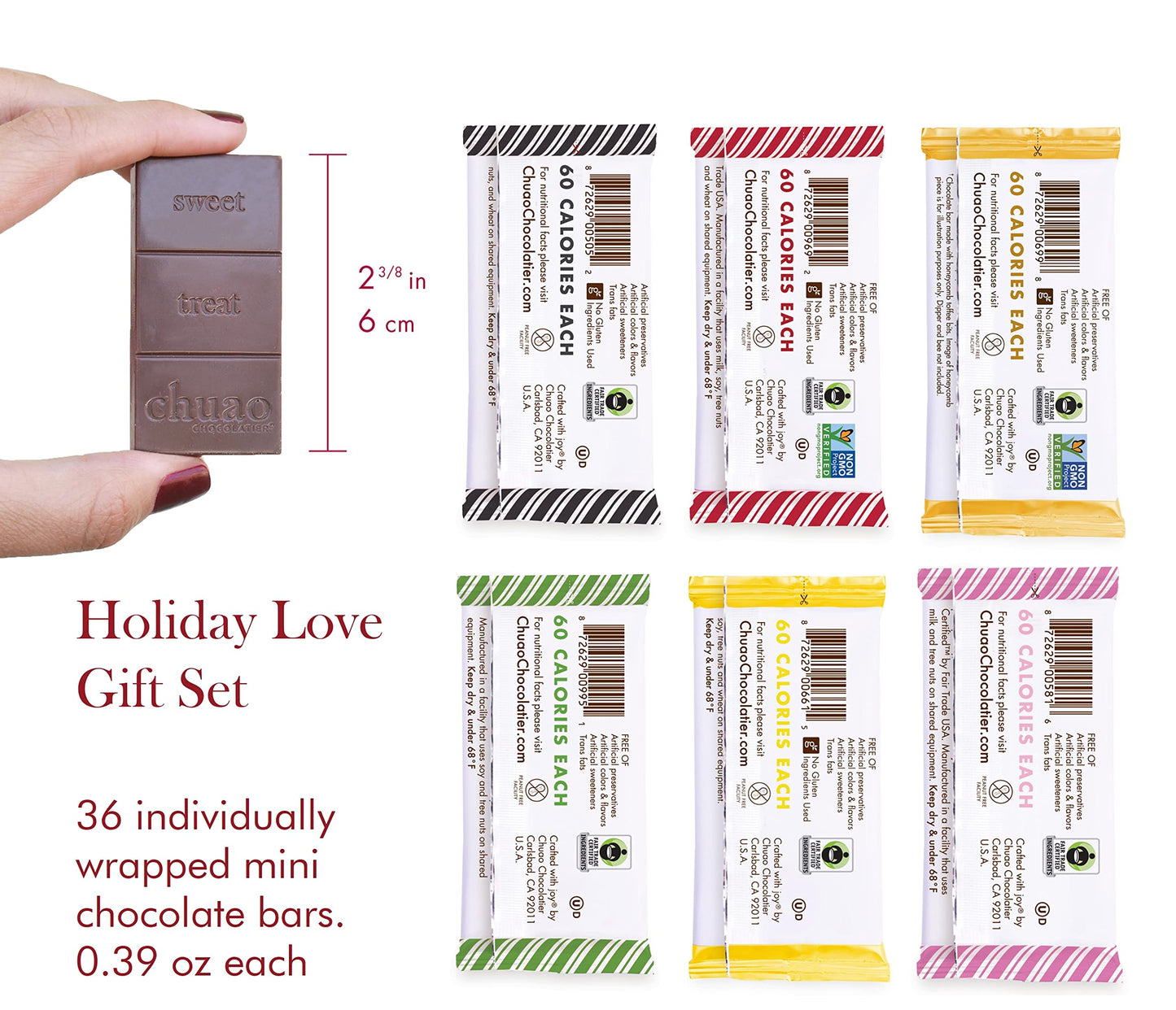Chuao Chocolatier Holiday Love Gift Box Mini Bars | Gourmet Assorted Dark & Milk Mini Seasonal Chocolate Bars | 35 Pack (0.39 Oz Each)