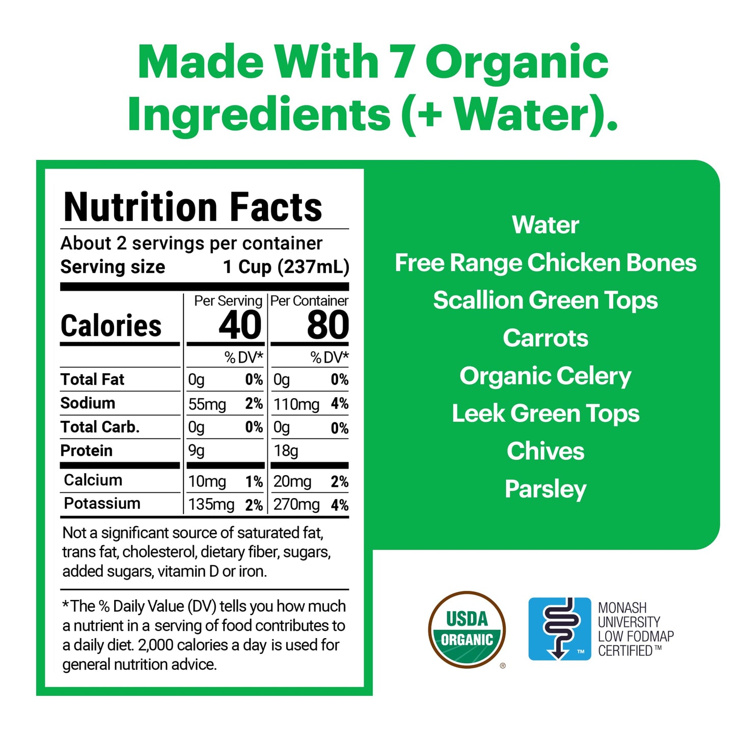 Organic Unsalted 16.9Oz Chicken Bone Broth (3 Pack) - 7 Ingredients, Low Fodmap Certified, Filler Free, Gluten Free, Onion & Gar
