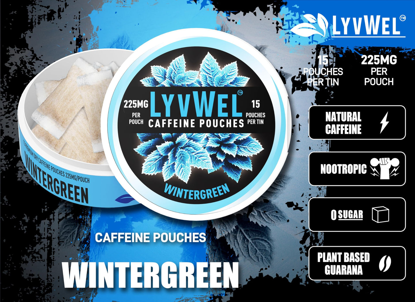 Lyvwel Ultra Caffeine Pouch – Wintergreen – 225Mg Natural Caffeine With Guarana – Crisp Mint Energy For Focus & Freshness – 1-Pack (15 Pouches)
