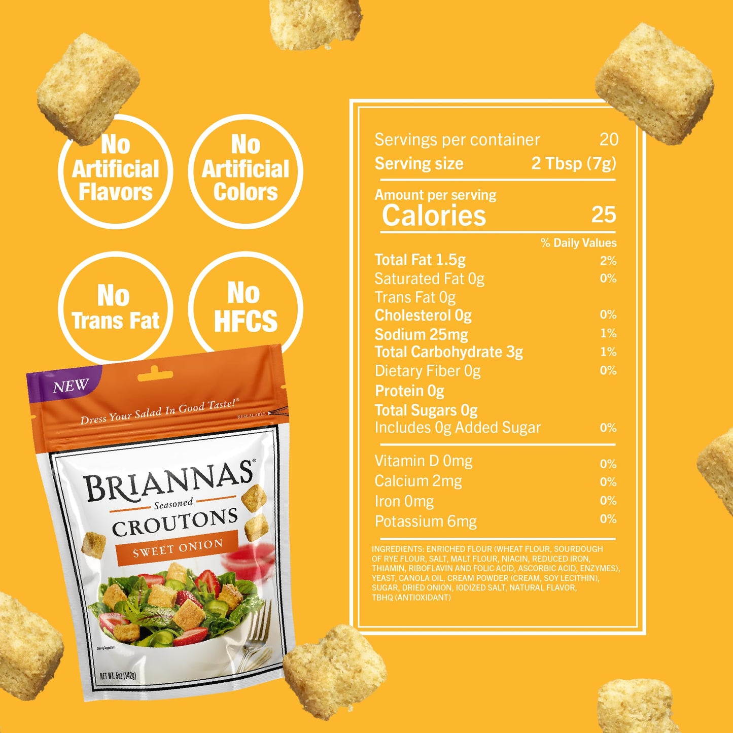 BRIANNAS Sweet Onion Croutons - Baked Flavor, Crispy - 5 oz Bags - 3 Pack