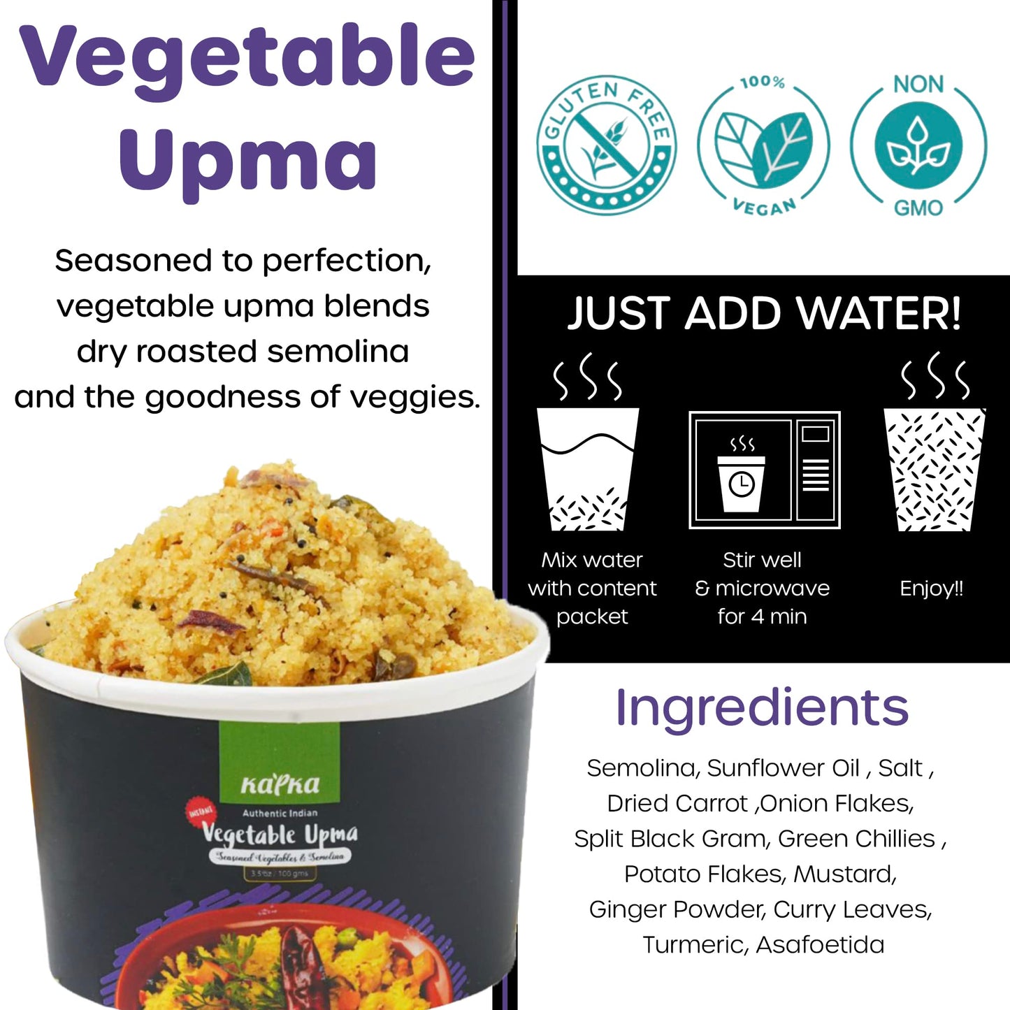 Kapka Vegetable Upma Cups Indian Food - 5 Pack - Ready to Eat Authentic Premade Vegan Upma - Microwavable Meals - Regional Flavo