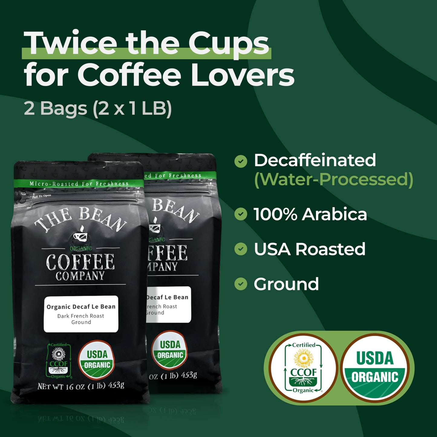 The Bean Organic Coffee Company Water Processed Decaf Le Bean, Dark French Roast, Ground Coffee, 16-Ounce Bags (Pack Of 2), Café Molido Tostado Orgánico Descafeinado
