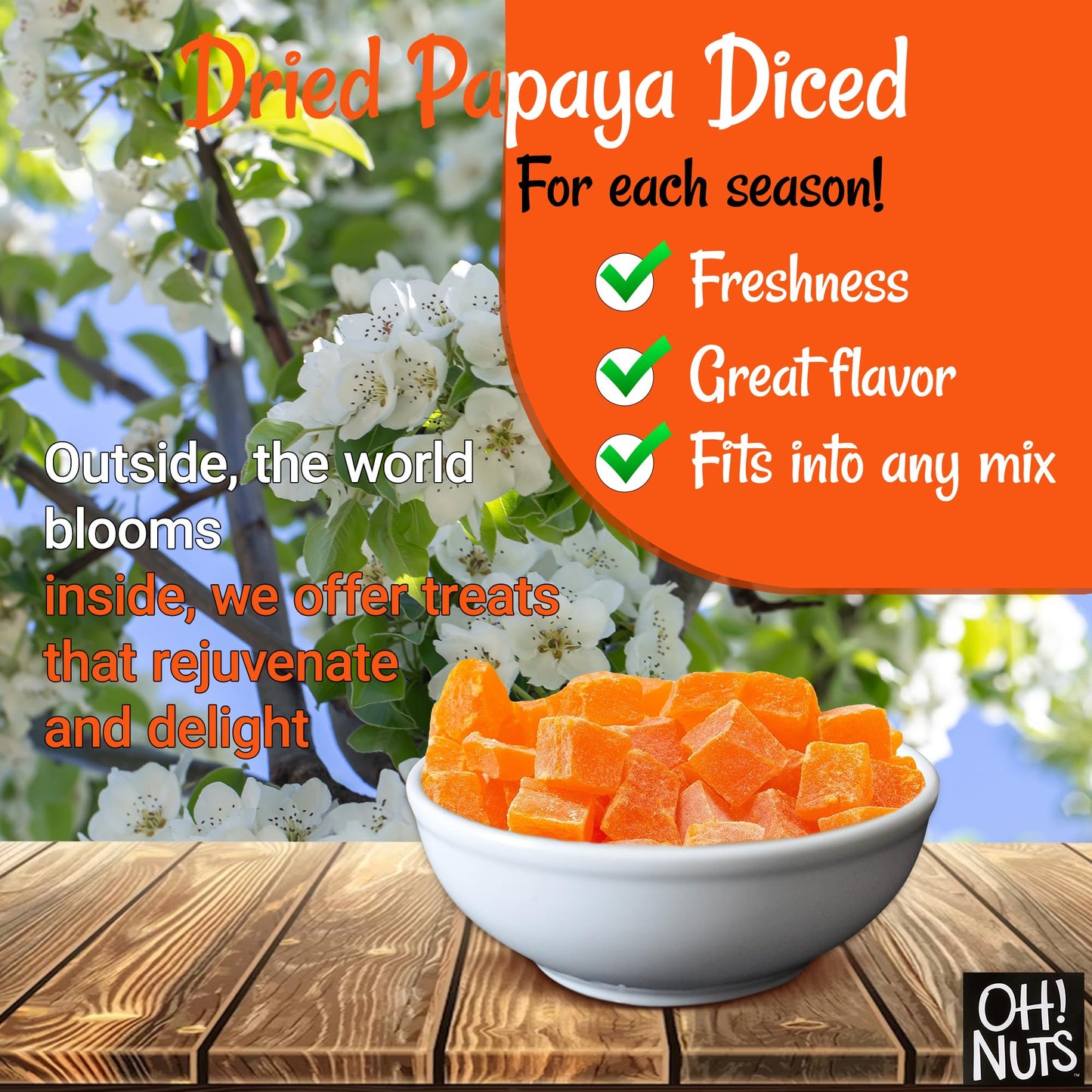 Dried Papaya Diced | 2 Lb - Dried Fruit Diced | Less Sugar Added | Dehydrated Fruit Bites | Packed In New York Zip-Seal Bag For Exceptional Freshness By Oh Nuts