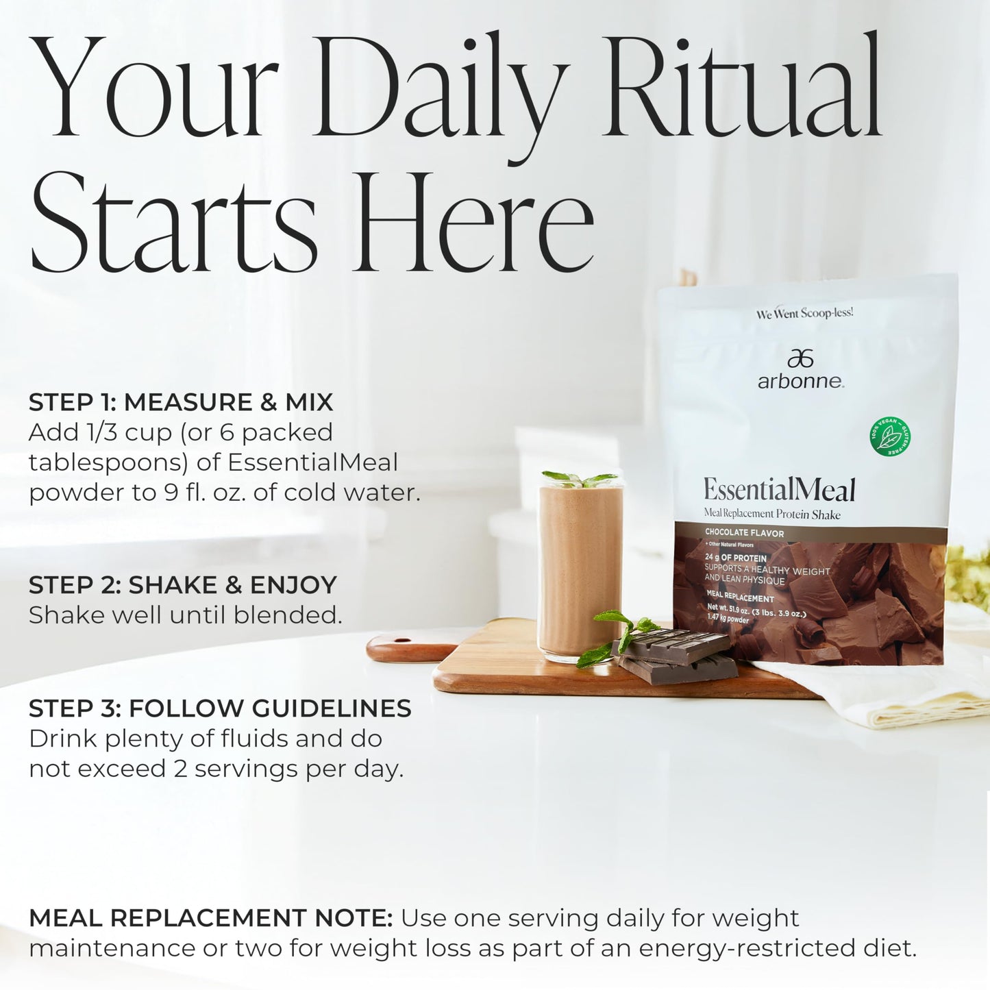 Arbonne EssentialMeal Vegan Protein Shake - Complete Daily Nutrition, Chocolate Flavor