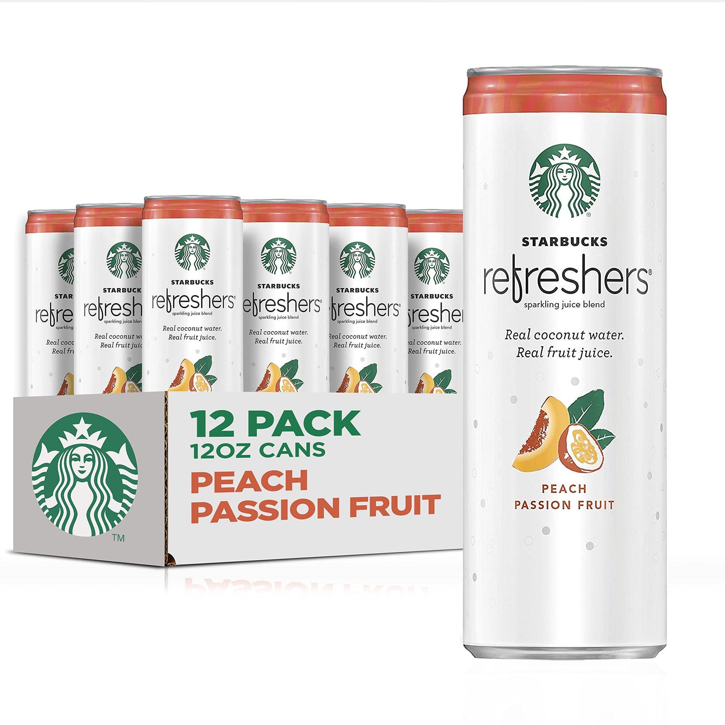 Starbucks RTD Coffee and Refreshers with Coconut Water, Peach Passion Fruit, 12 fl oz, Pack of 12 Cans