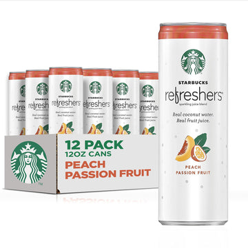 Starbucks RTD Coffee and Refreshers with Coconut Water, Peach Passion Fruit, 12 fl oz, Pack of 12 Cans