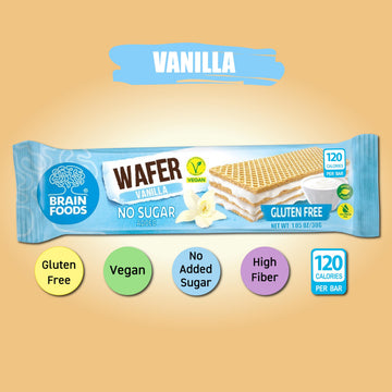 BRAIN FOODS Gluten Free Vegan Vanilla Wafers - 12 Bars, No Sugar Added, High Fiber, No Palm Oil, 1.05oz, 120 Calories, Guilt Fre